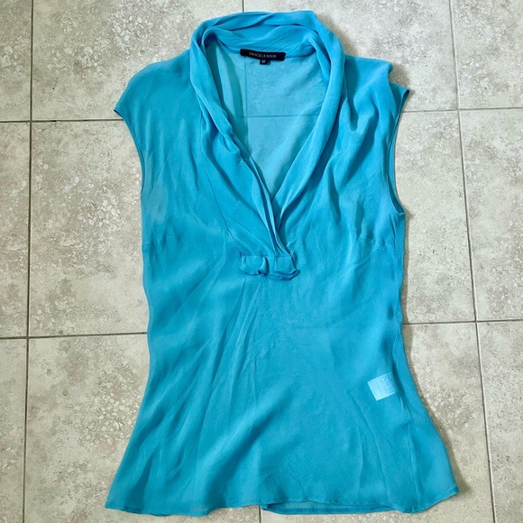 Sheer Silk Turquoise V-Neck Blouse, Women’s Size M - Picture 6 of 12